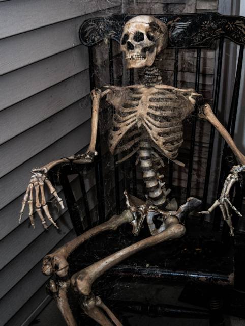 The Holiday Habits Halloween yard haunt lit up on Halloween night in 2017, Huntley, Illinois