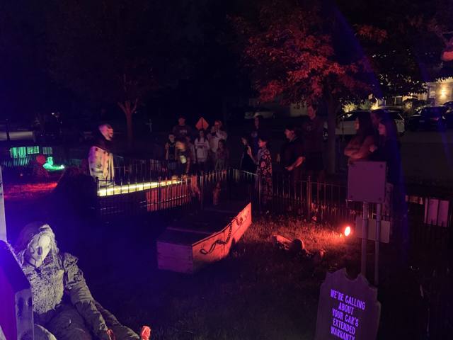 The Holiday Habits Halloween yard haunt lit up on Halloween night in 2022, Huntley, Illinois